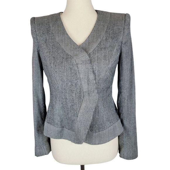 Vintage Armani Grey Twill Wool Fitted Cropped Collarless Jacket Made in Italy 8 - Picture 1 of 10